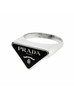 Prada Triangle Logo Symbol Ring Silver Black